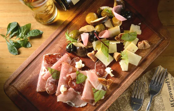 Cheese, olives, sausage, appetizer, ham