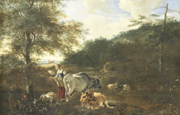 Animals, tree, oil, cow, Landscape with Cattle, Adam Pinker