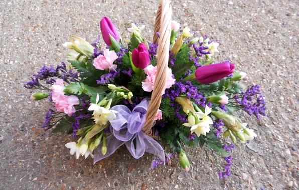 Photo, Flowers, Tulips, Basket, Bouquet, Daffodils, Clove