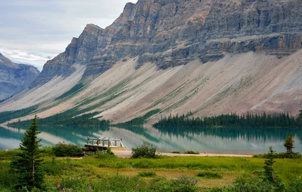 Trees, mountains, lake, pier, Canada, Albert, the bridge, Bow Lake