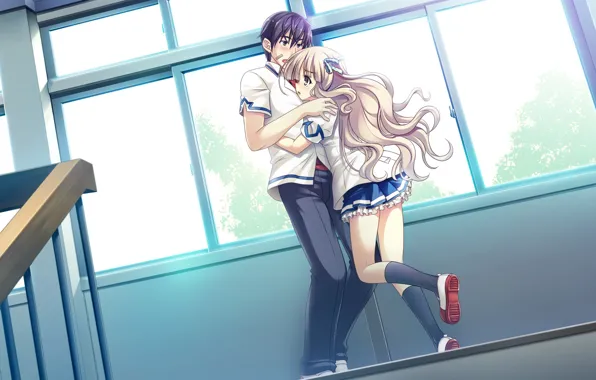 Girl, anime, art, guy, two, the patch, hugs, Ryuusei Kiseki -Shooting Probe