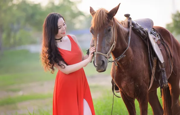 Summer, girl, smile, horse, horse, dress, Asian