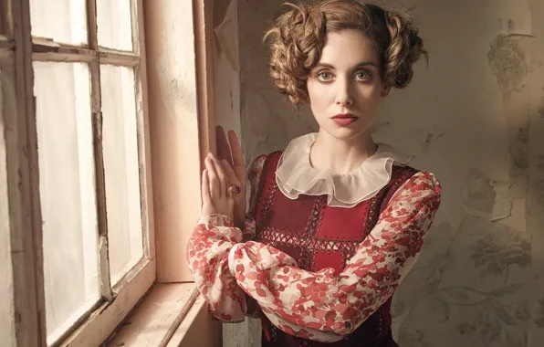 Model, dress, actress, hairstyle, photographer, is, window, Alison Brie