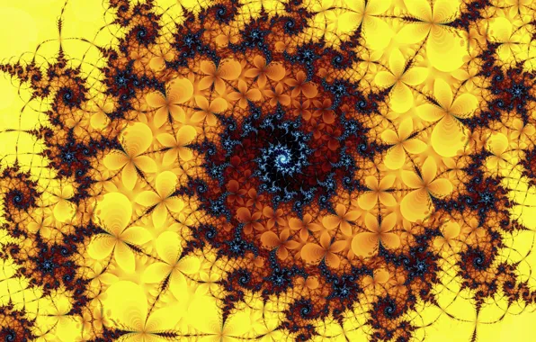Yellow, abstraction, pattern, spiral, fractal, brown, ornament, center