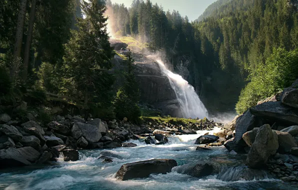 Forest, trees, river, stones, waterfall, Austria, Austria, River Krimmler-Ache