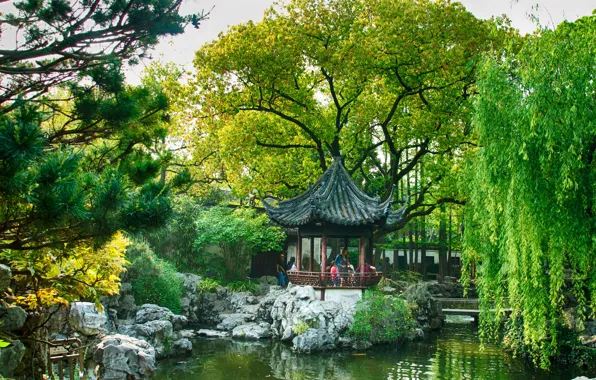 Trees, pond, Park, stones, garden, China, Shanghai, the bridge