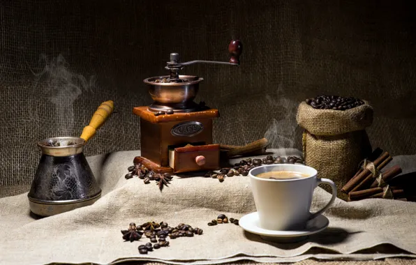Picture coffee, burlap, coffee beans, coffee grinder