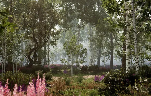 Forest, flowers, nature, the game, art, distortion, game art