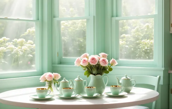 Summer, roses, kitchen, Cup, serving