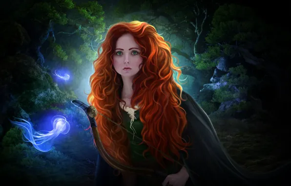 Picture girl, lights, bow, art, red, Brave heart