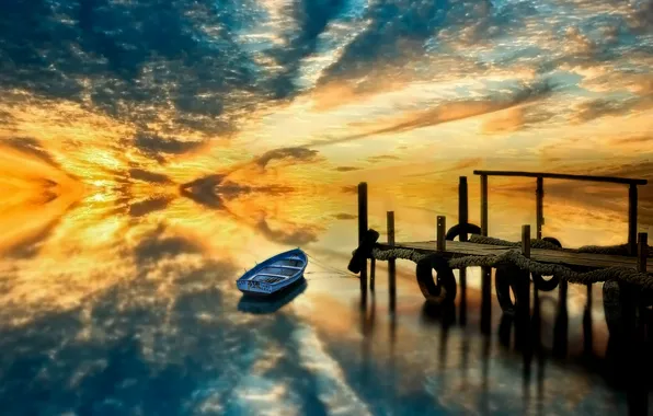 Sunset, lake, boat