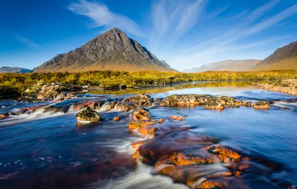 Picture the sky, nature, river, stones, mountain, Scotland