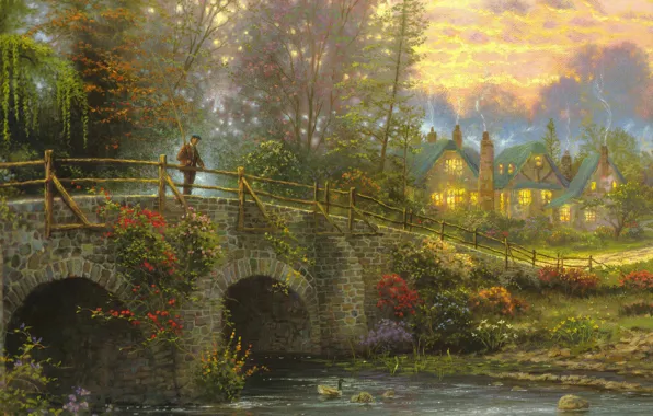 Picture bridge, river, home, fisherman, the evening, painting, art, Thomas Kinkade