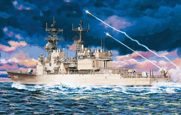 Sea, figure, missiles, start, Destroyer, USS Cushing, US NAVY, the destroyer of the "Spruance"