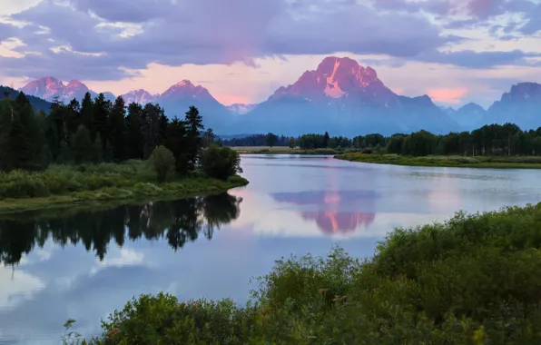 Picture forest, mountains, river, morning