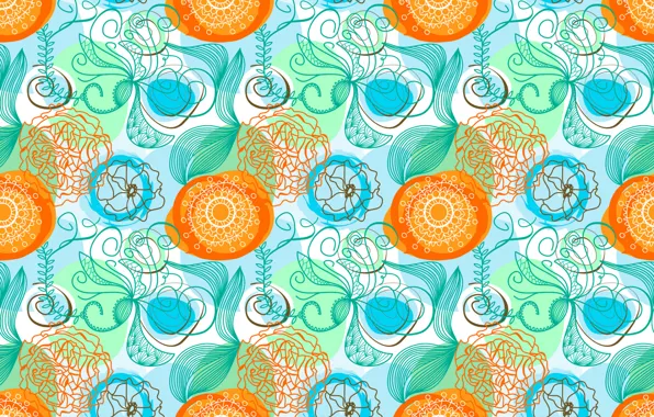 Line, flowers, orange, abstraction, blue, pattern, bright