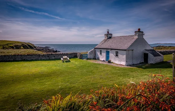 Sea, house, yard, Wales, Anglesey