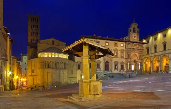Night, lights, tower, area, well, Italy, Tuscany, Arezzo