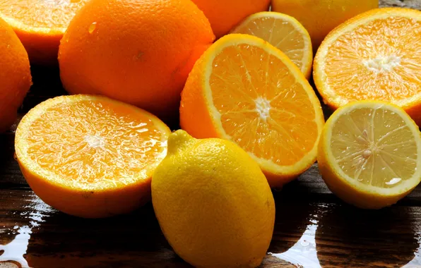 Water, drops, table, oranges, fruit, citrus, lemons