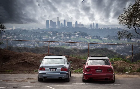 The sky, red, clouds, the city, blue, bmw, BMW, the fence