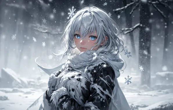 Snow, trees, anime, blue eyes, trees, anime, blue eyes, snow