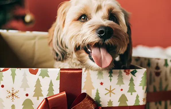 Language, box, gift, dog, Christmas, New year, bow, face