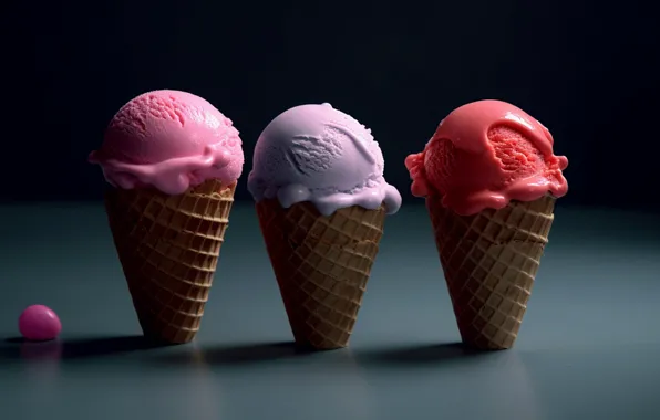 The dark background, ice cream, trio, waffle cones, AI art, neural network