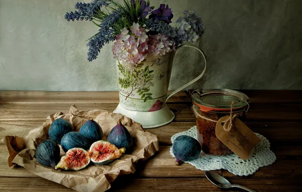 Picture bouquet, vase, fruit, still life, a bunch, jam, figs