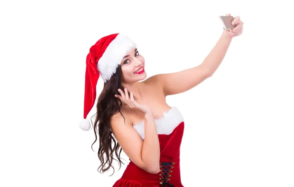 Joy, smile, hat, new year, Christmas, makeup, dress, brunette