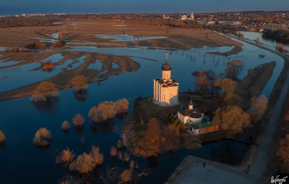 Picture road, landscape, nature, river, spring, Church, spill, Bank