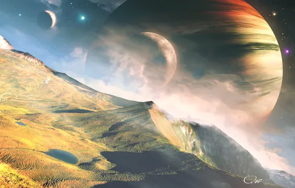 Space, stars, landscape, mountains, planet, QAuZ