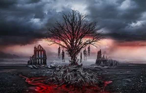 Clouds, death, tree, skeletons, gallows