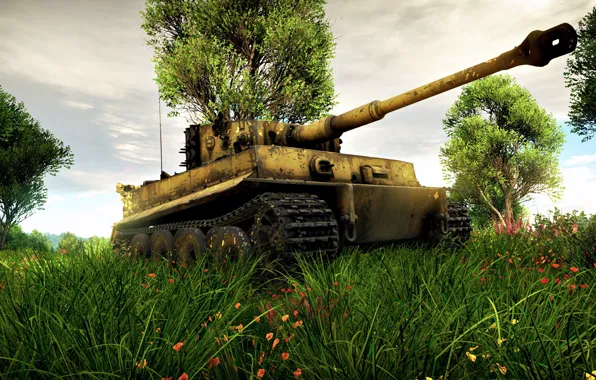 The sky, Grass, The game, Tiger, War, Weapons, Art, Tank