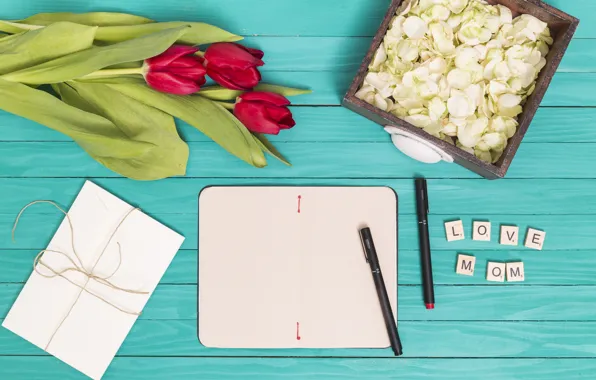 Bouquet, petals, tulips, Notepad, handle, congratulations, Mother's day