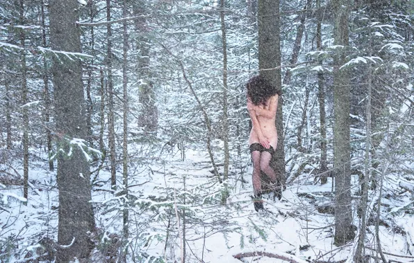 GIRL, SNOW, WINTER, SERGEY VINTOVKIN, WINTER FOREST, THE GIRL IN THE WOODS