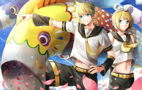 Girl, holiday, anime, petals, art, guy, vocaloid, kagamine rin