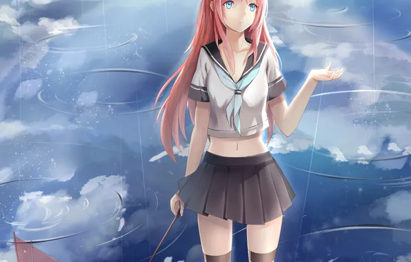 The sky, girl, clouds, rain, umbrella, anime, art, form