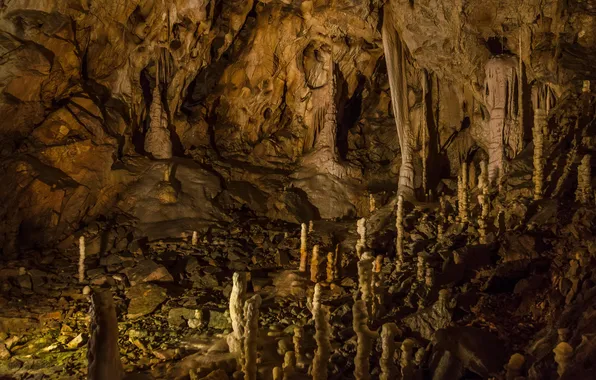 Light, stones, cave, stalagmite, stalactite