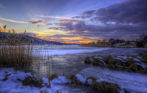 Ice, winter, snow, lake, dawn, hills, Sweden, the village of Tällberg