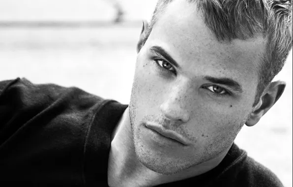 Black and white photo, handsome guy Kellan, Blonde