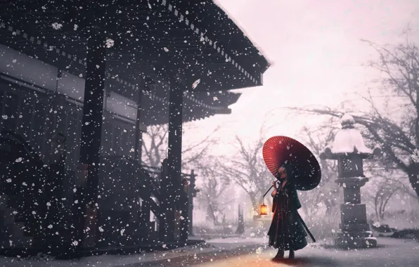 Picture girl, snow, umbrella, temple