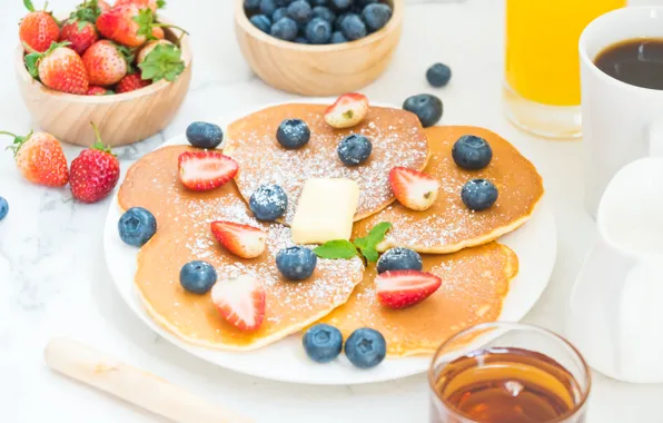 Berries, food, Breakfast, pancakes, powdered sugar, pancakes, Breakfast