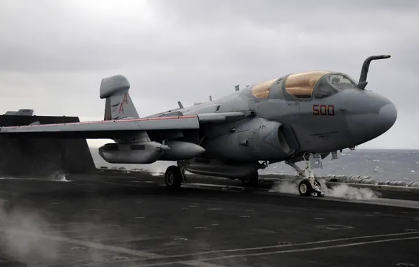 Grumman, carrier-based electronic warfare aircraft, EA-6B Prowler, takeoff from an aircraft carrier, Carl Vinson (CVN …
