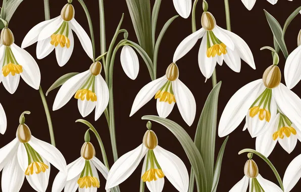 Flowers, the dark background, pattern, texture, spring, styling, snowdrops, pattern