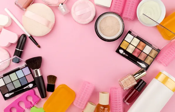 Lipstick, shadows, brush, pink background, cream, cosmetics, powder, curler