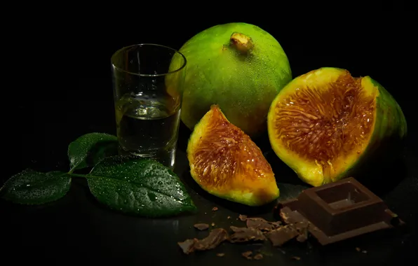 Leaves, glass, the dark background, chocolate, drink, fruit, still life, figs