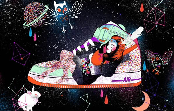 Girl, space, drops, owl, paint, hare, shoes, constellation
