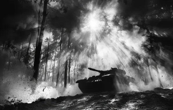 The sun, Trees, Forest, Tank, The Rays Of The Sun, Digital art, Black and white, …