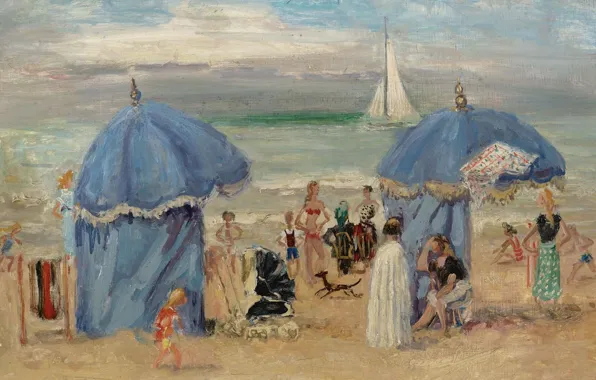 Landscape, people, boat, picture, sail, tent, The beach at Trouville, Andre Hamburg