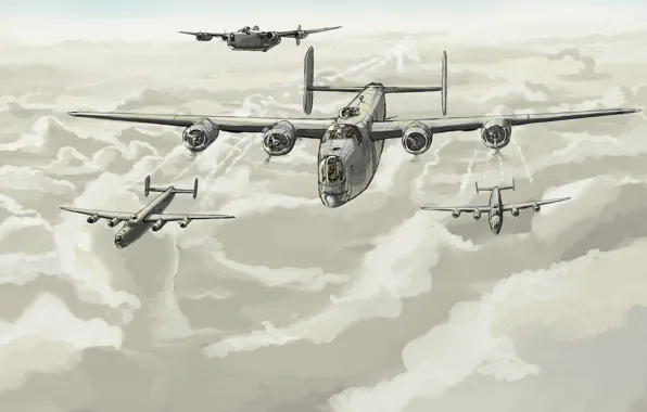 Clouds, art, flight, bombers, USAF, Consolidated, B-24 Liberator